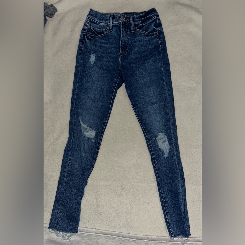 Express Womens Mid Rise Skinny Distressed Raw Hem Jeans Dark Wash Size 0R